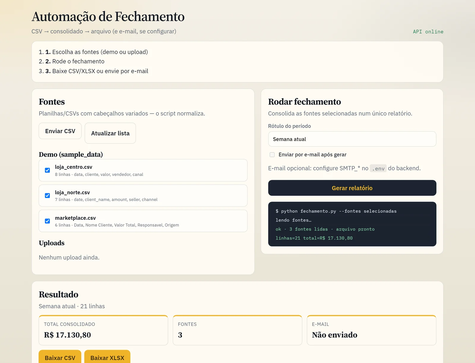 Automação de fechamento: seleção de fontes CSV, execução e resultado consolidado